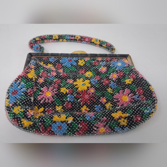 Vintage Beaded Purse Colorful Floral Flowers 80s 90s Hand Bag Satchel - Picture 2 of 11